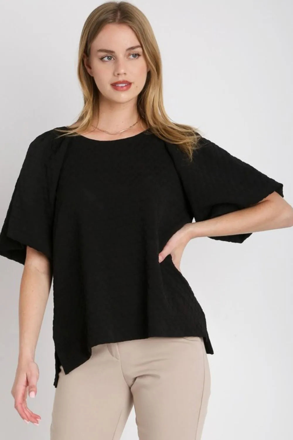 Umgee Boxy Cut Jacquard Round Neck Top with Side Slit Black Tops