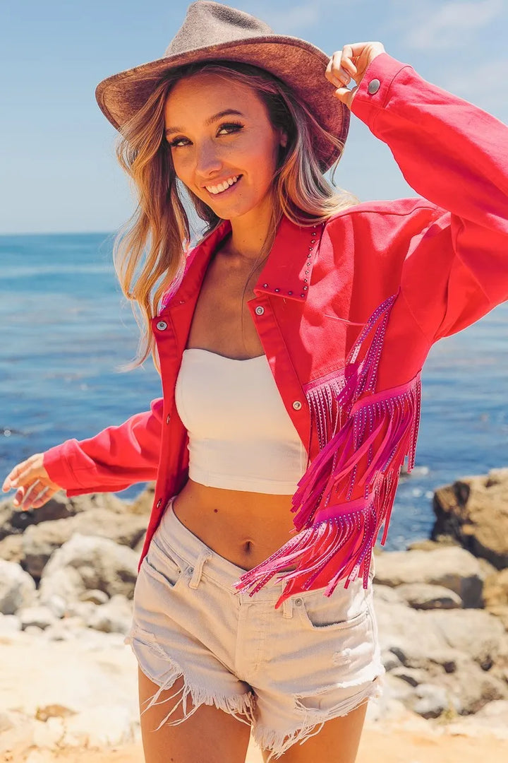 BiBi Rhinestone Fringe with Studed Collar Jacket Jackets