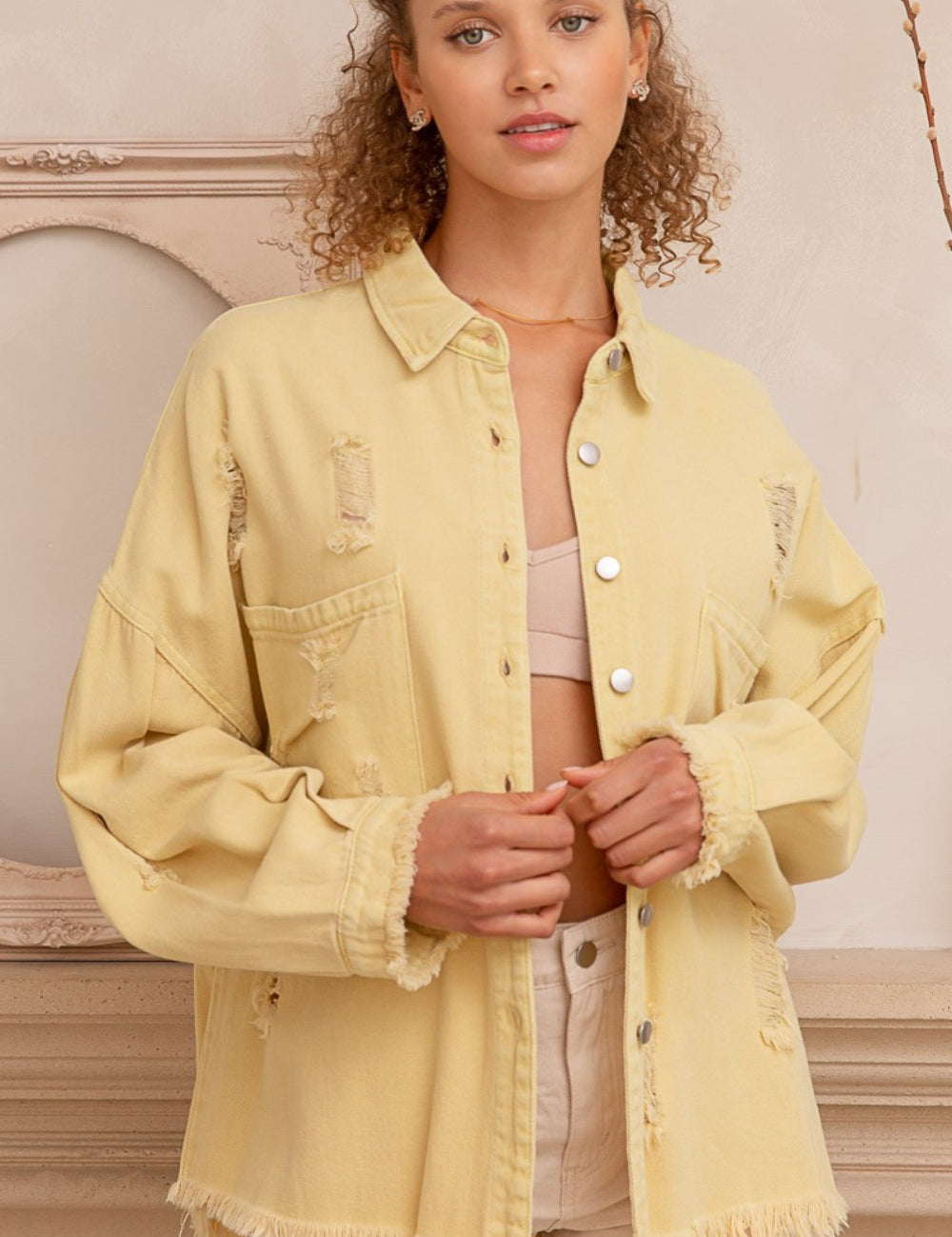 POL Button Down Raw Hem Distressed Shacket Lemonade