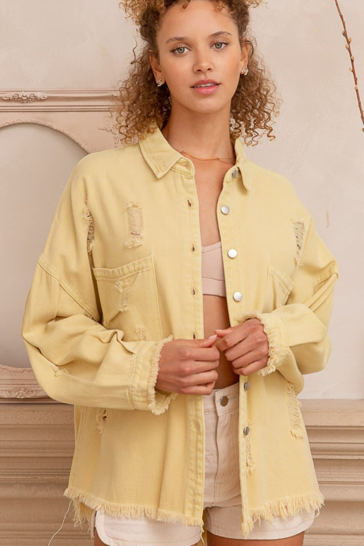 POL Button Down Raw Hem Distressed Shacket Lemonade