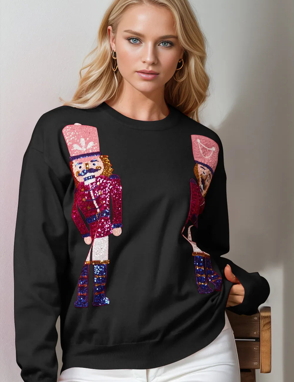 Black Double Take Full Size Nutcracker Sequin Long Sleeve Sweater | Sweaters Daverri Fashions