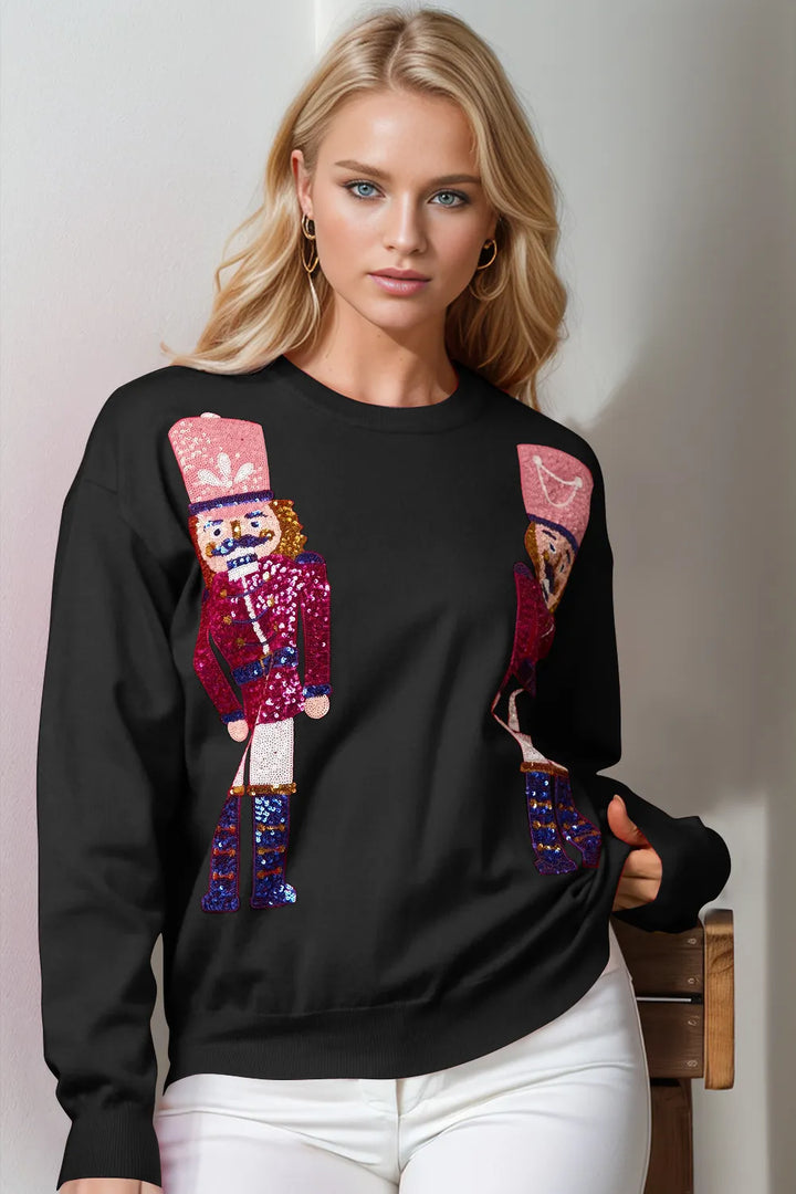 Black Double Take Full Size Nutcracker Sequin Long Sleeve Sweater | Sweaters Daverri Fashions