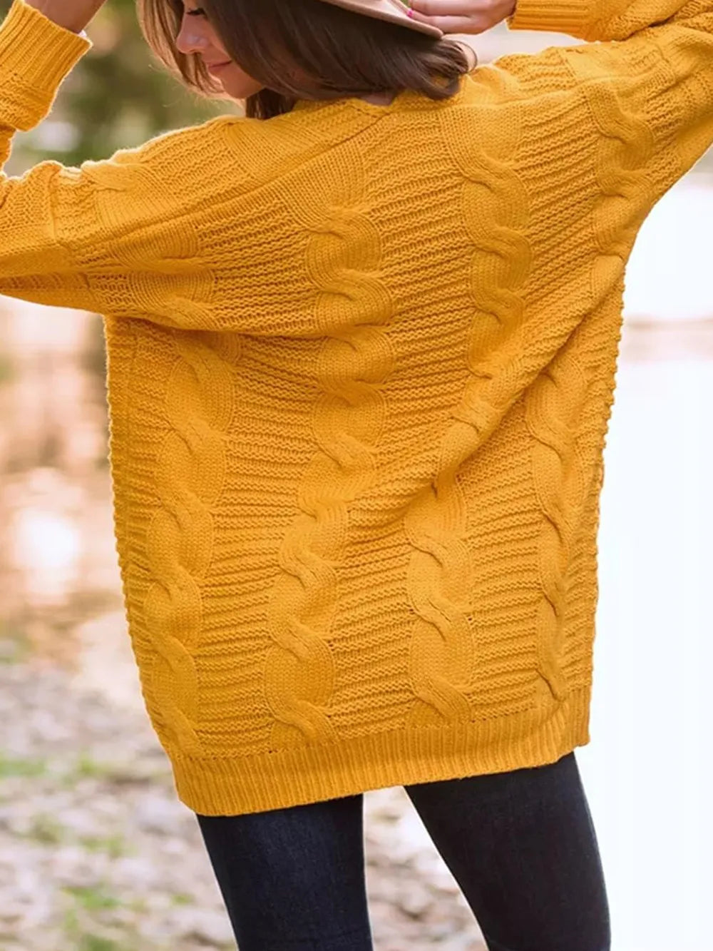 Gold Cable-Knit Open Front Long Sleeve Cardigan | Cardigans Daverri Fashions