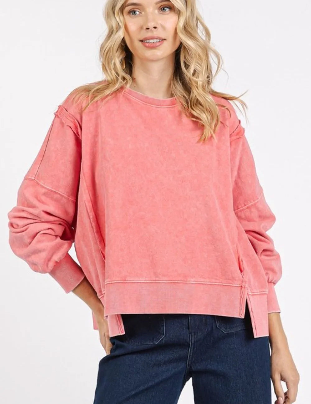 Strawberry Mittoshop Side Slit Exposed Seam Round Neck Sweatshirt | Daverri Fashions