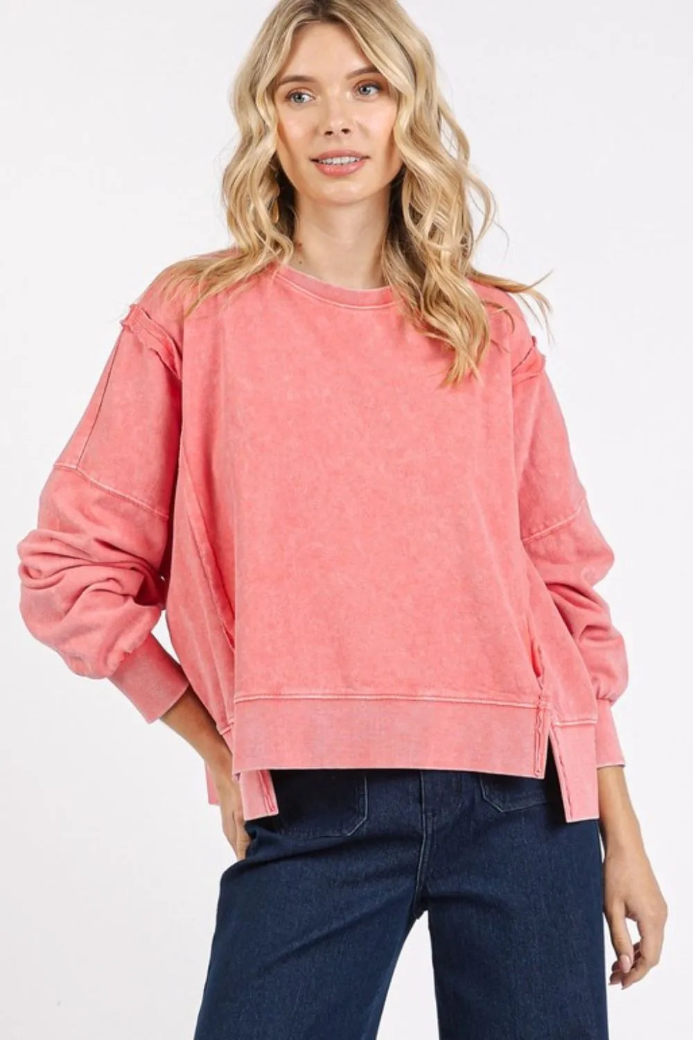 Mittoshop Side Slit Exposed Seam Round Neck Sweatshirt Strawberry