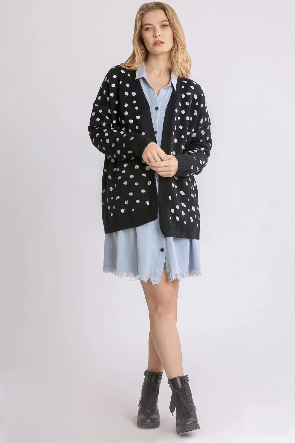 Umgee Polka Dot Open Front Drop Shoulder Cardigan | Daverri Fashions