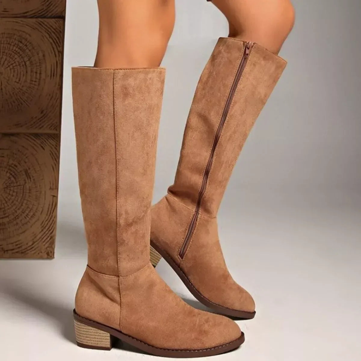 Side Zip Knee-High Block Heel Boots - DAVERRI FASHIONS