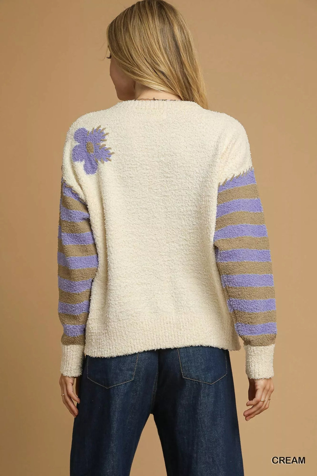 Umgee Flower Jacquard Striped Long Sleeve Sweater | Sweaters Daverri Fashions