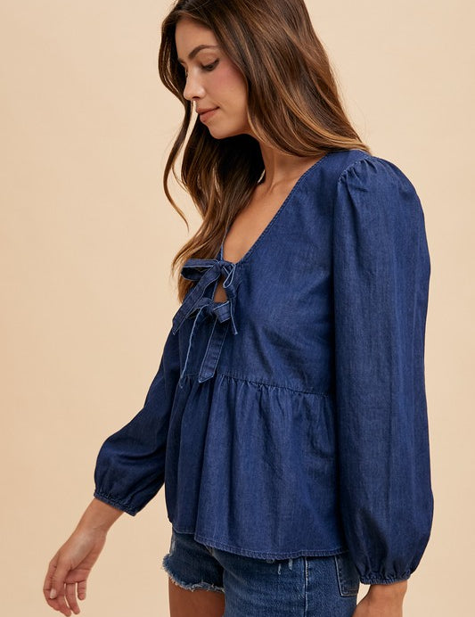 Annie Wear Tie Front Peplum Long Sleeve Denim Top Tops