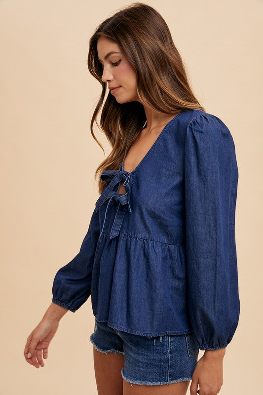 Annie Wear Tie Front Peplum Long Sleeve Denim Top Tops