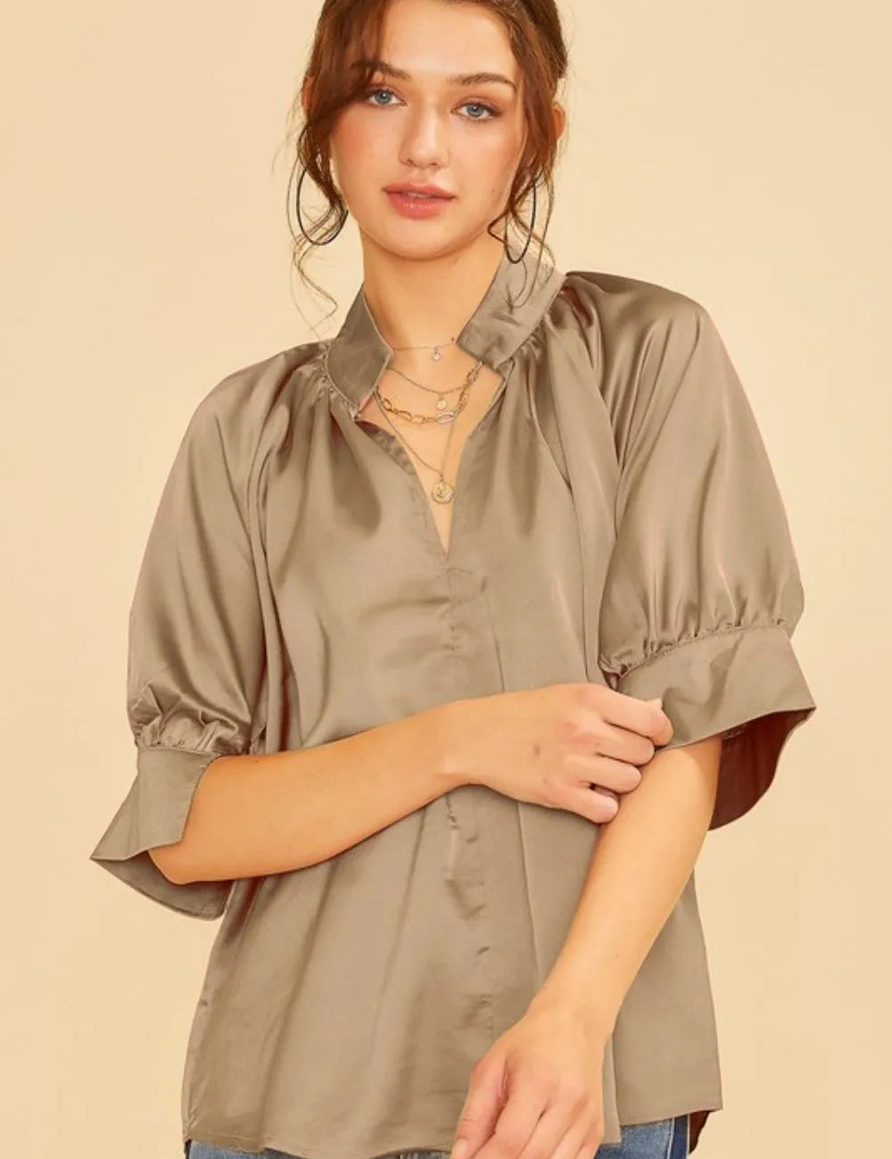 MOCHA S Annie Wear Satin V Neck Open Short Sleeve Woven Blouse Top | Tops Daverri Fashions