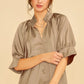 Annie Wear Satin V Neck Open Short Sleeve Woven Blouse Top MOCHA S Tops