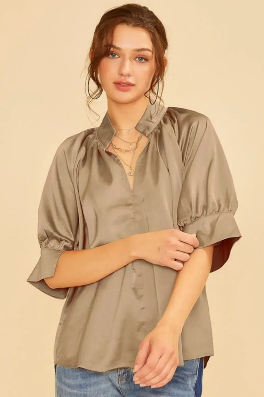 Annie Wear Satin V Neck Open Short Sleeve Woven Blouse Top - DAVERRI FASHIONS