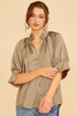 Annie Wear Satin V Neck Open Short Sleeve Woven Blouse Top MOCHA S Tops