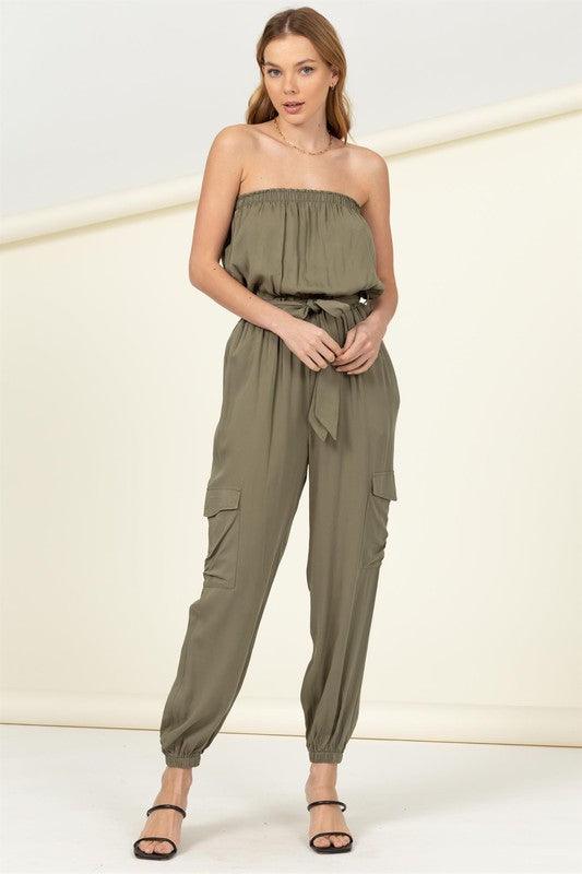 Flap Side Pockets Belted Tube Jumpsuit Jumpsuits