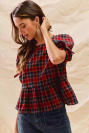 SO ME Christmas Holiday Plaid Ribbon Short Sleeves Top | Blouses Daverri Fashions