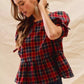 SO ME Christmas Holiday Plaid Ribbon Short Sleeves Top - DAVERRI FASHIONS