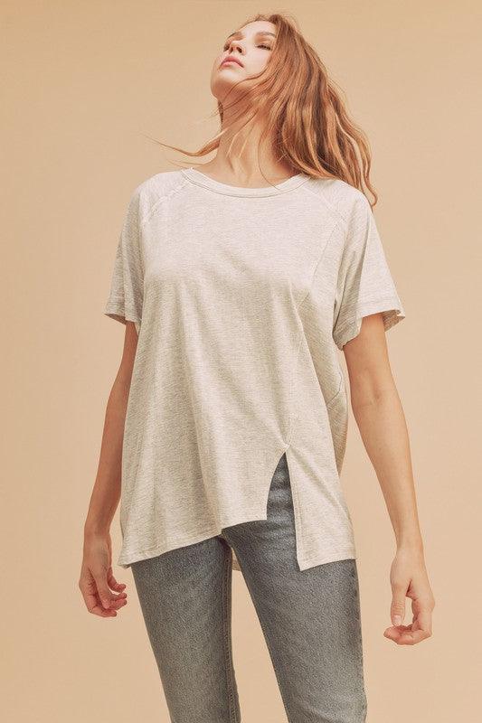 Aemi + Co Asymmetrical Front Slit Round Neck Raglan Sleeve T-Shirt Light Gray T-Shirts