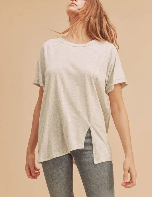 Light Gray Aemi + Co Asymmetrical Front Slit Round Neck Raglan Sleeve T-Shirt | T-Shirts Daverri Fashions