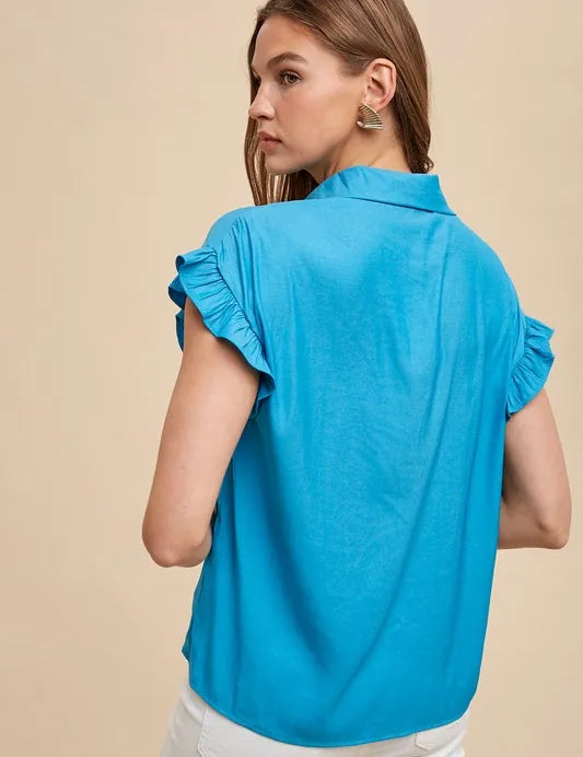 Annie Wear Relaxed Fit Ruffle Sleeve Woven Blouse Top | Tops Daverri Fashions