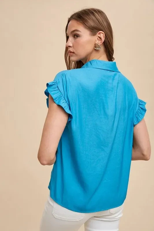 Annie Wear Relaxed Fit Ruffle Sleeve Woven Blouse Top - DAVERRI FASHIONS