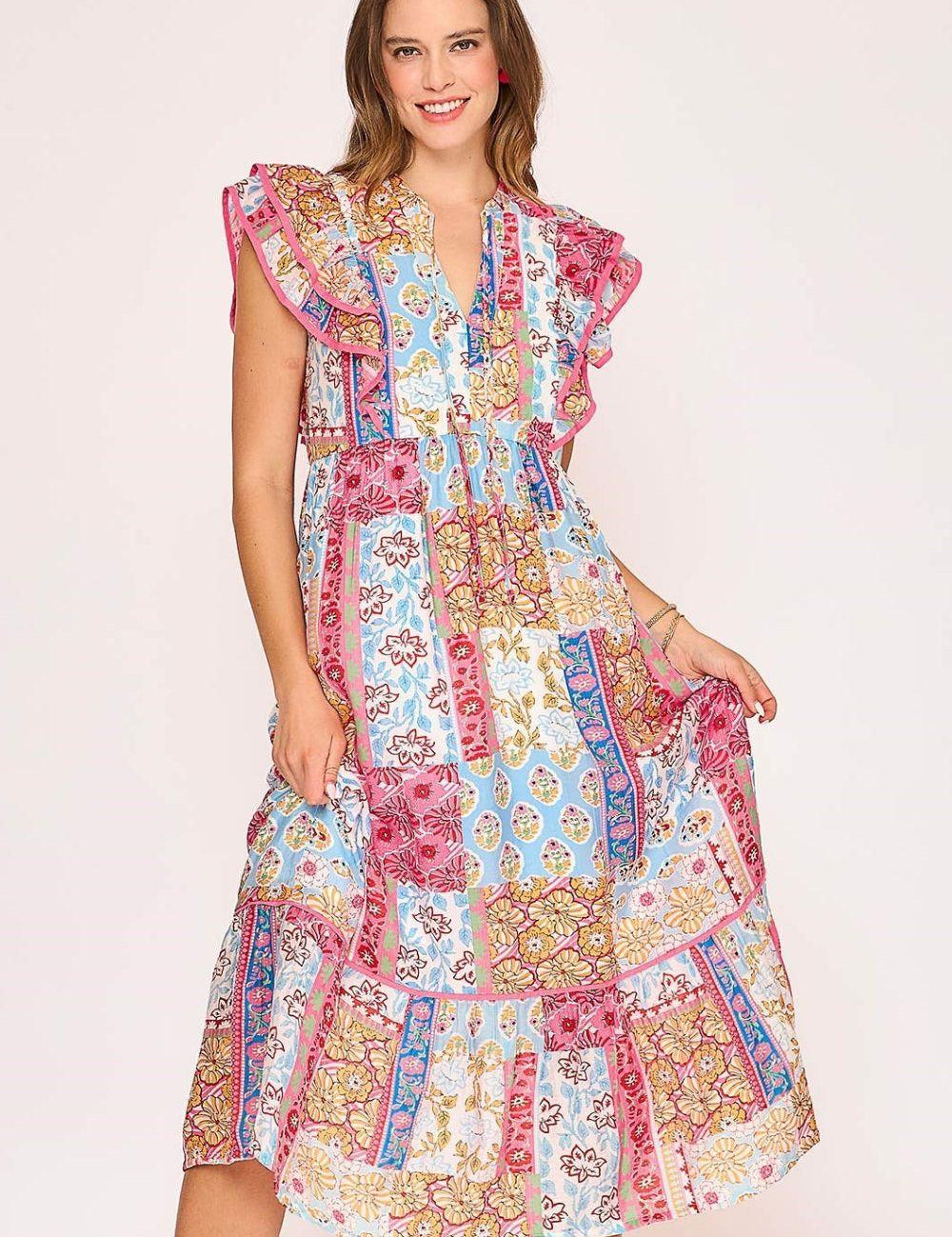 PINK MIX Umgee Full Size Tie Neck Double Layered Ruffle Sleeve Midi Dress Plus Size | Daverri Fashions