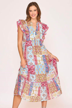 Umgee Full Size Tie Neck Double Layered Ruffle Sleeve Midi Dress Plus Size - DAVERRI FASHIONS