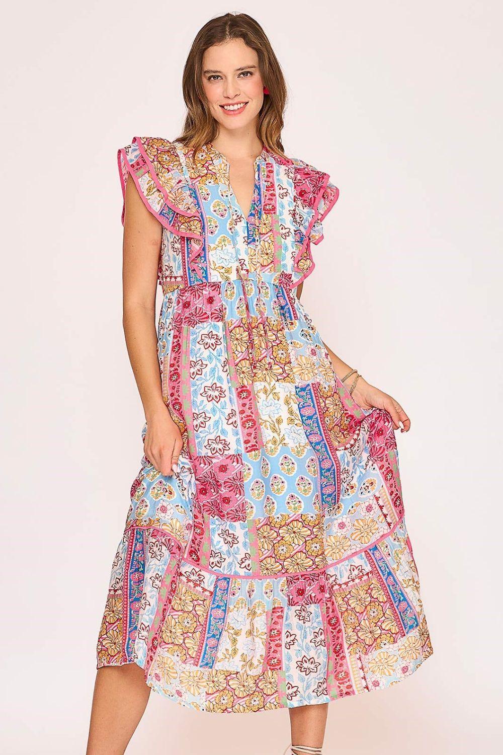 Umgee Full Size Tie Neck Double Layered Ruffle Sleeve Midi Dress Plus Size PINK MIX