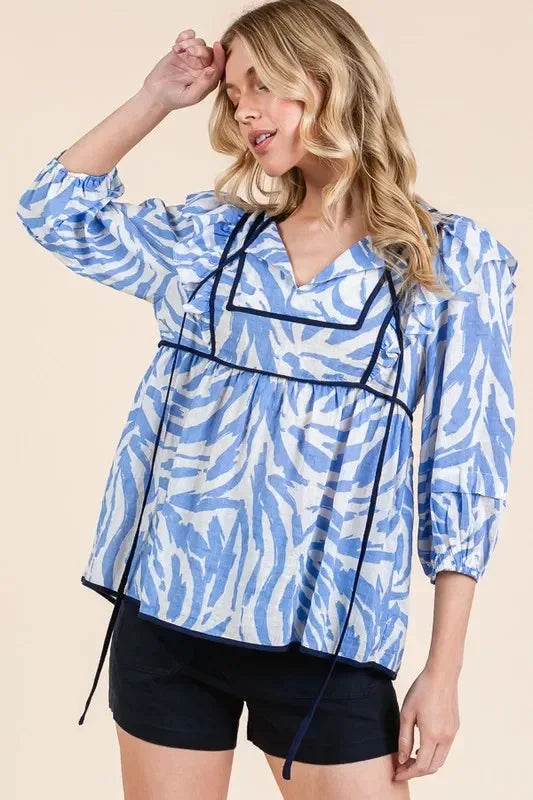 Lime 'N' Chili Graphic Print Solid Trim Quarter Sleeve Blouse - DAVERRI FASHIONS