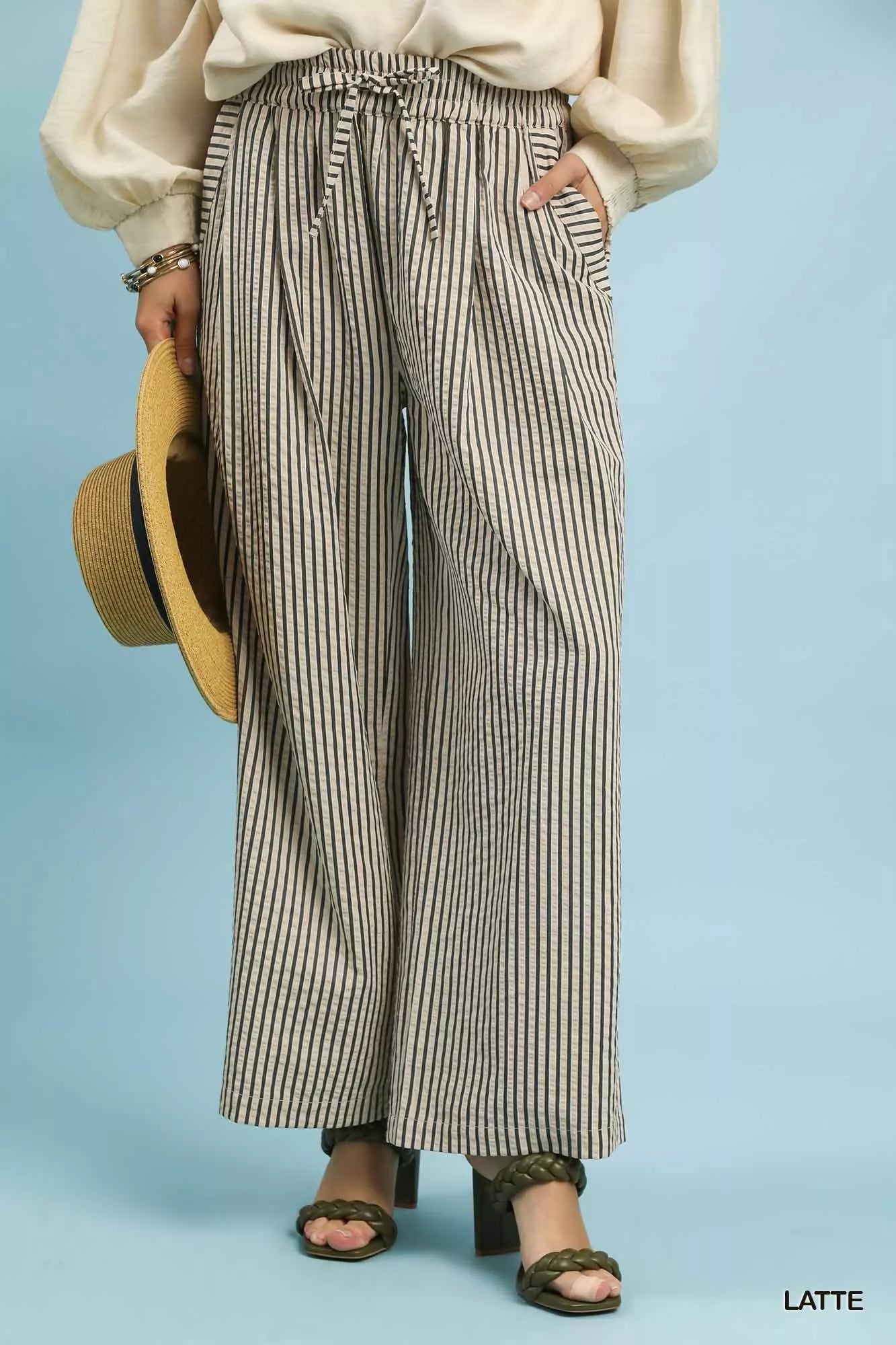 Umgee Drawstring Striped Wide-Leg Pants in beige and brown stripes
