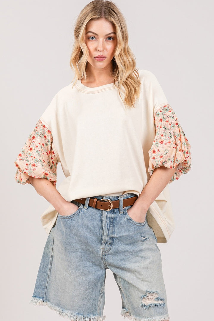 SAGE + FIG Round Neck Bubble Sleeve Oversize Top Tops