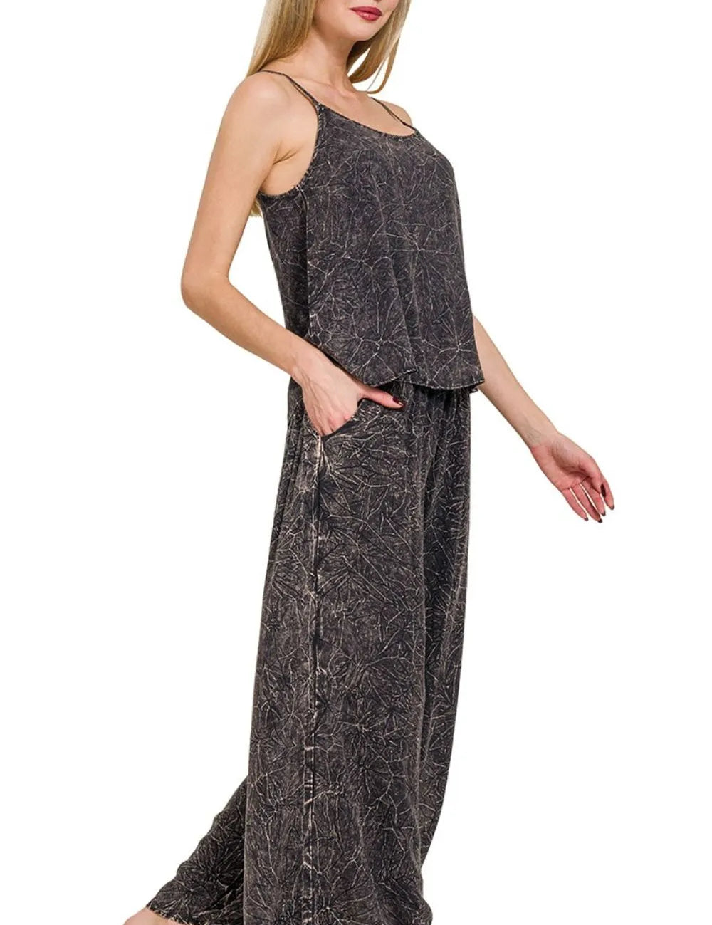 Zenana Ash Black Woven Acid Crinkle Washed Cami & Pants 2 Piece Set | Outfit Sets Daverri Fashions