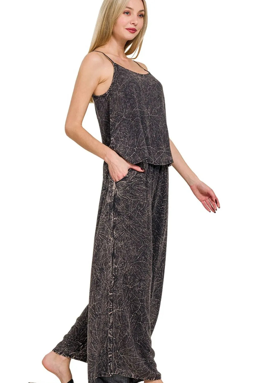 Zenana Ash Black Woven Acid Crinkle Washed Cami & Pants 2 Piece Set Outfit Sets