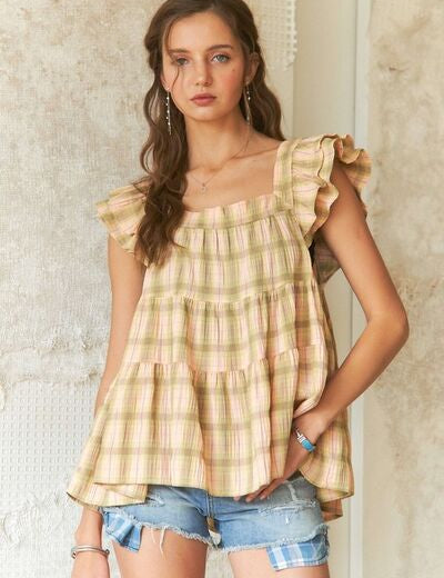 ADORA Ruffled Square Neck Cap Sleeve Babydoll Blouse