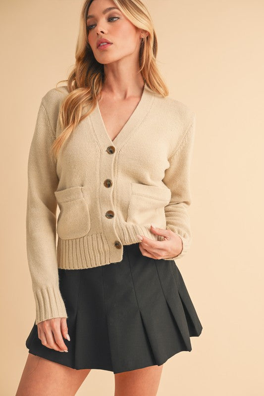 Aemi + Co Ribbed Hem Button Down V-Neck Cardigan