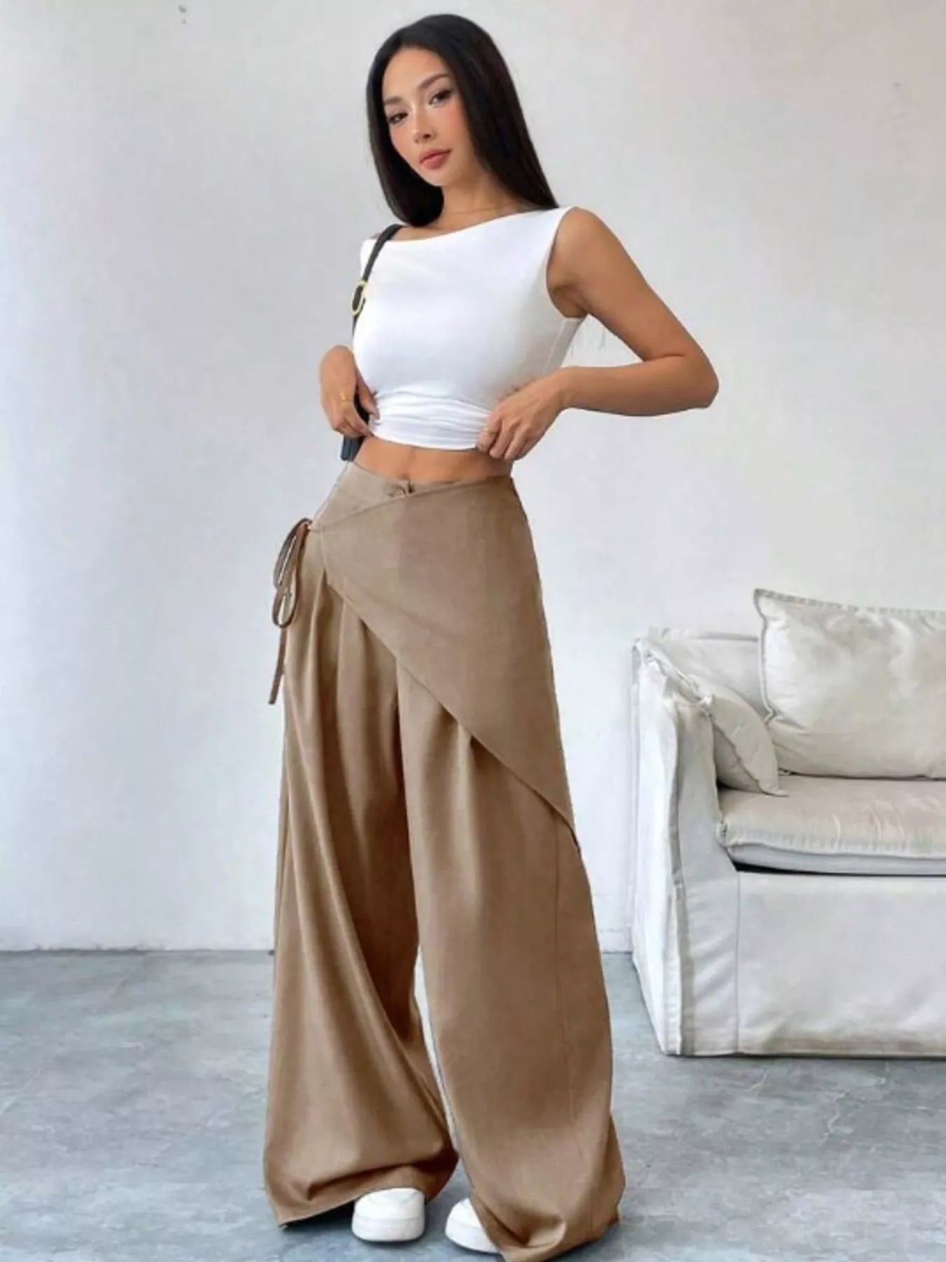 Tan satin Daverri wrap-front wide-leg pants with side tie detail