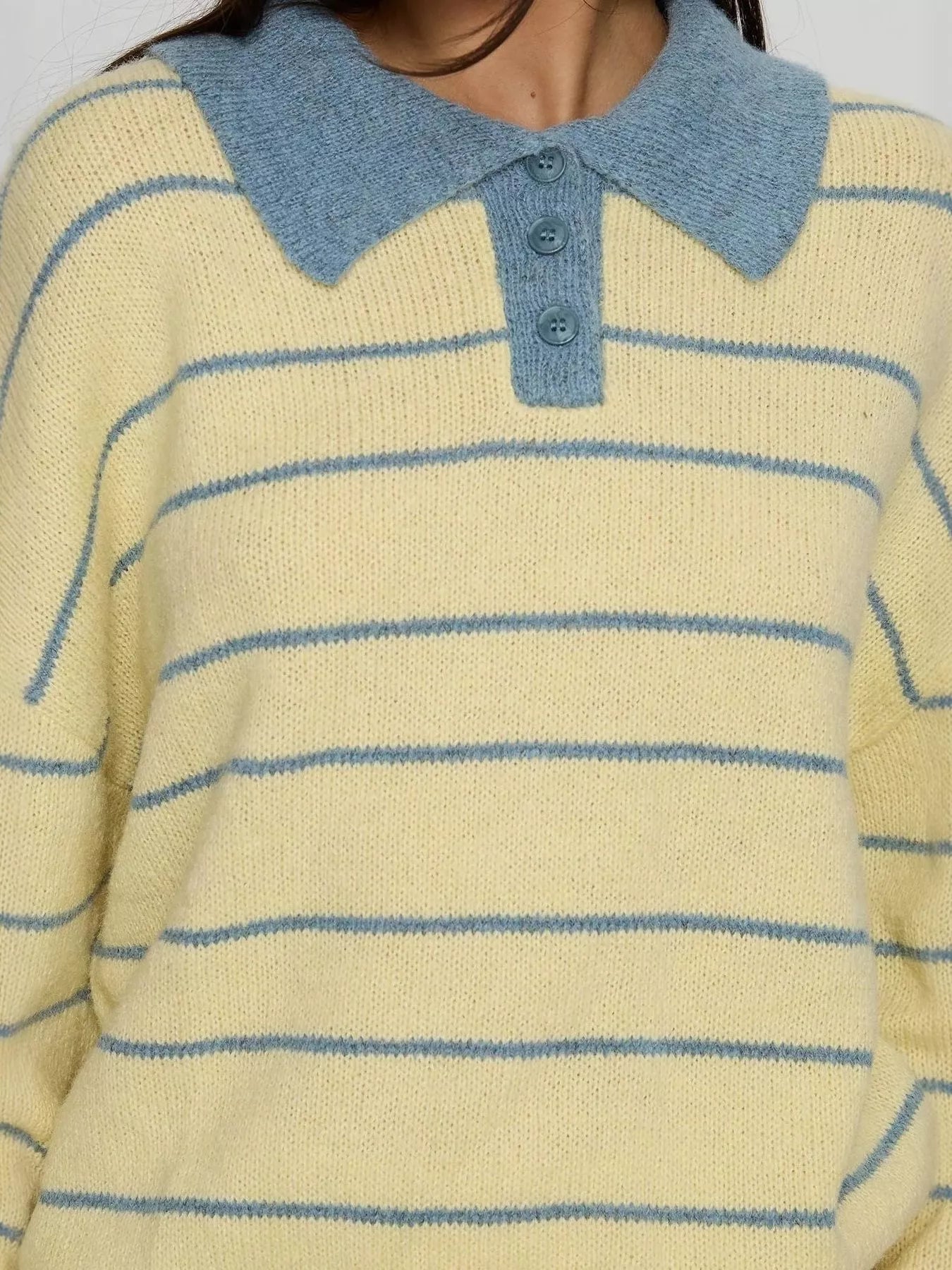 Women’s long sleeve yellow knit striped polo collar sweater