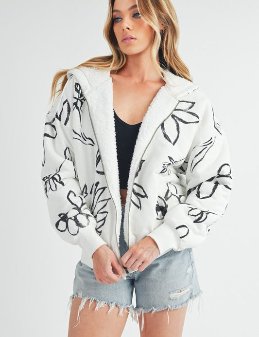 Aemi + Co Flower Print Zip Up Sherpa Hoodie Hoodies