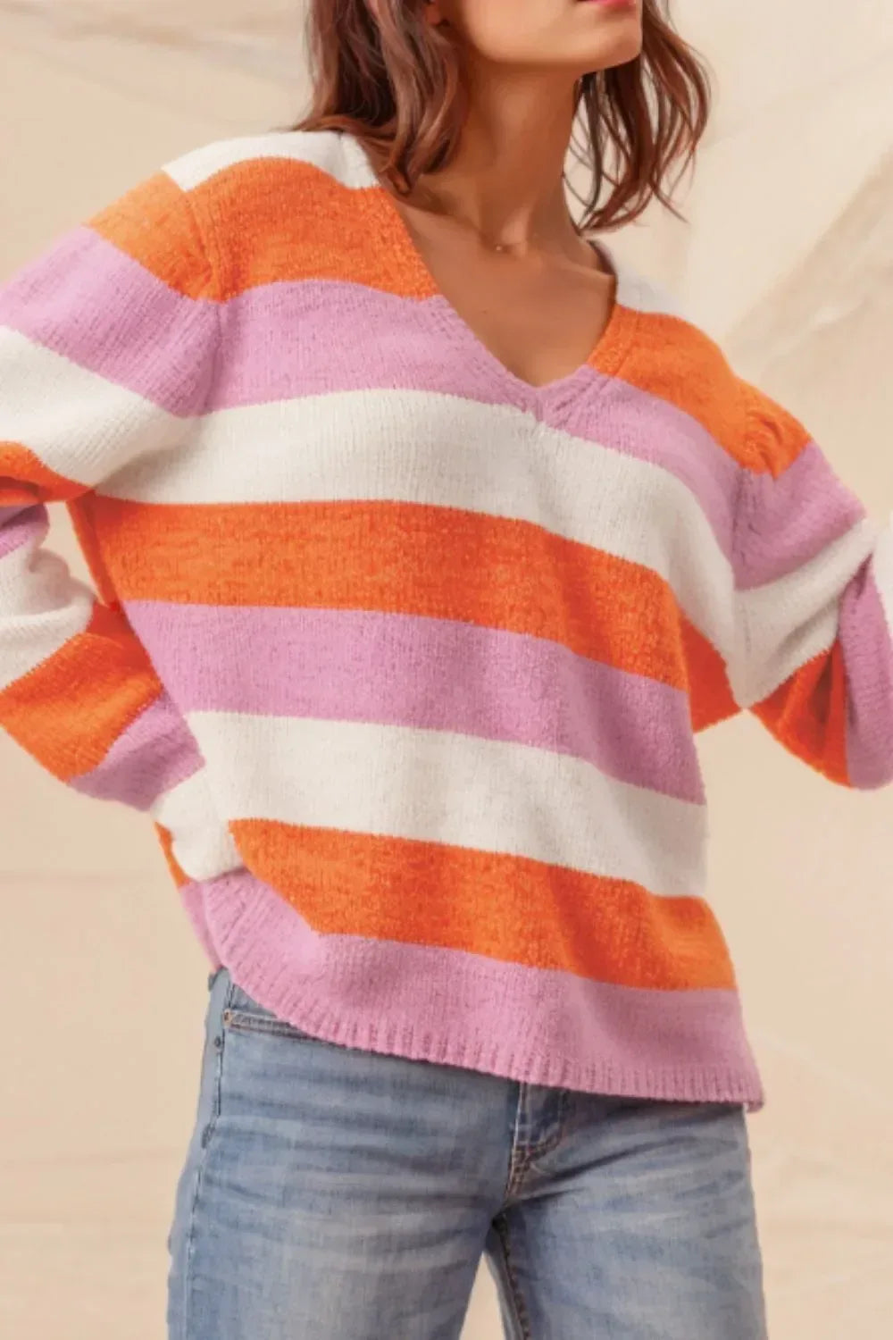 Color Block V-Neck Long Sleeve Sweater - DAVERRI FASHIONS