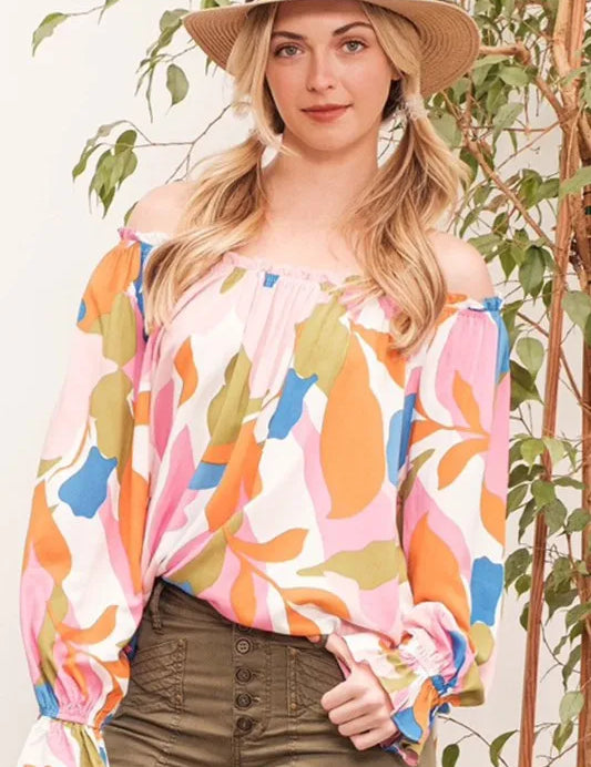 Lime 'N' Chili Abstract Print Off-the-shoulder Long Sleeve Top | Tops Daverri Fashions