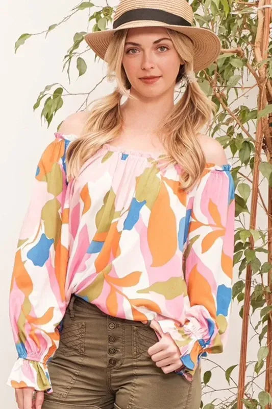 Lime 'N' Chili Abstract Print Off-the-shoulder Long Sleeve Top - DAVERRI FASHIONS