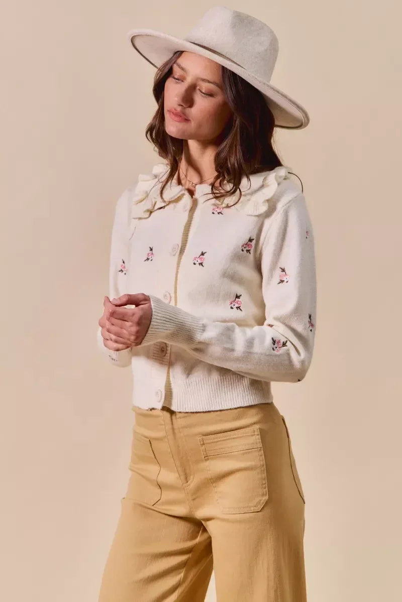 SO ME Collared Floral Embroidered Button Down Sweater Cardigan - DAVERRI FASHIONS