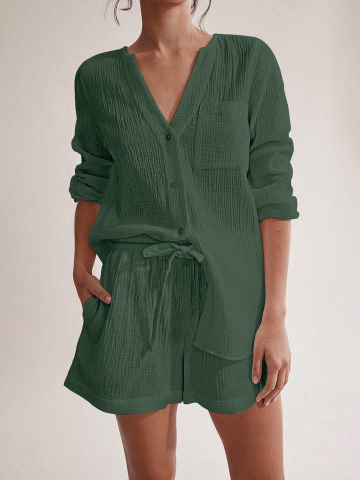 Notched Long Sleeve Top and Shorts Set Dark Green Outfit Sets