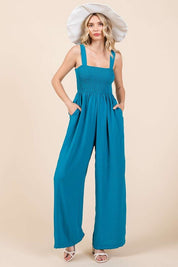 Mittoshop Smocked Wide Strap Wide Leg Overalls Cerulean