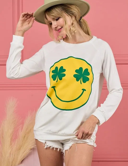 IVORY BiBi Smile Face Graphic Round Neck Long Sleeve Top | Tops Daverri Fashions