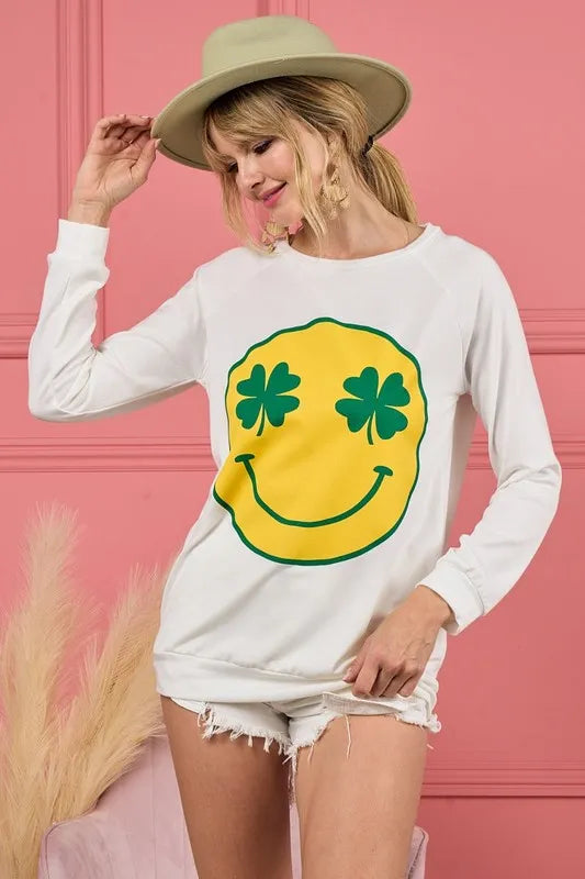 IVORY BiBi Smile Face Graphic Round Neck Long Sleeve Top | Tops Daverri Fashions