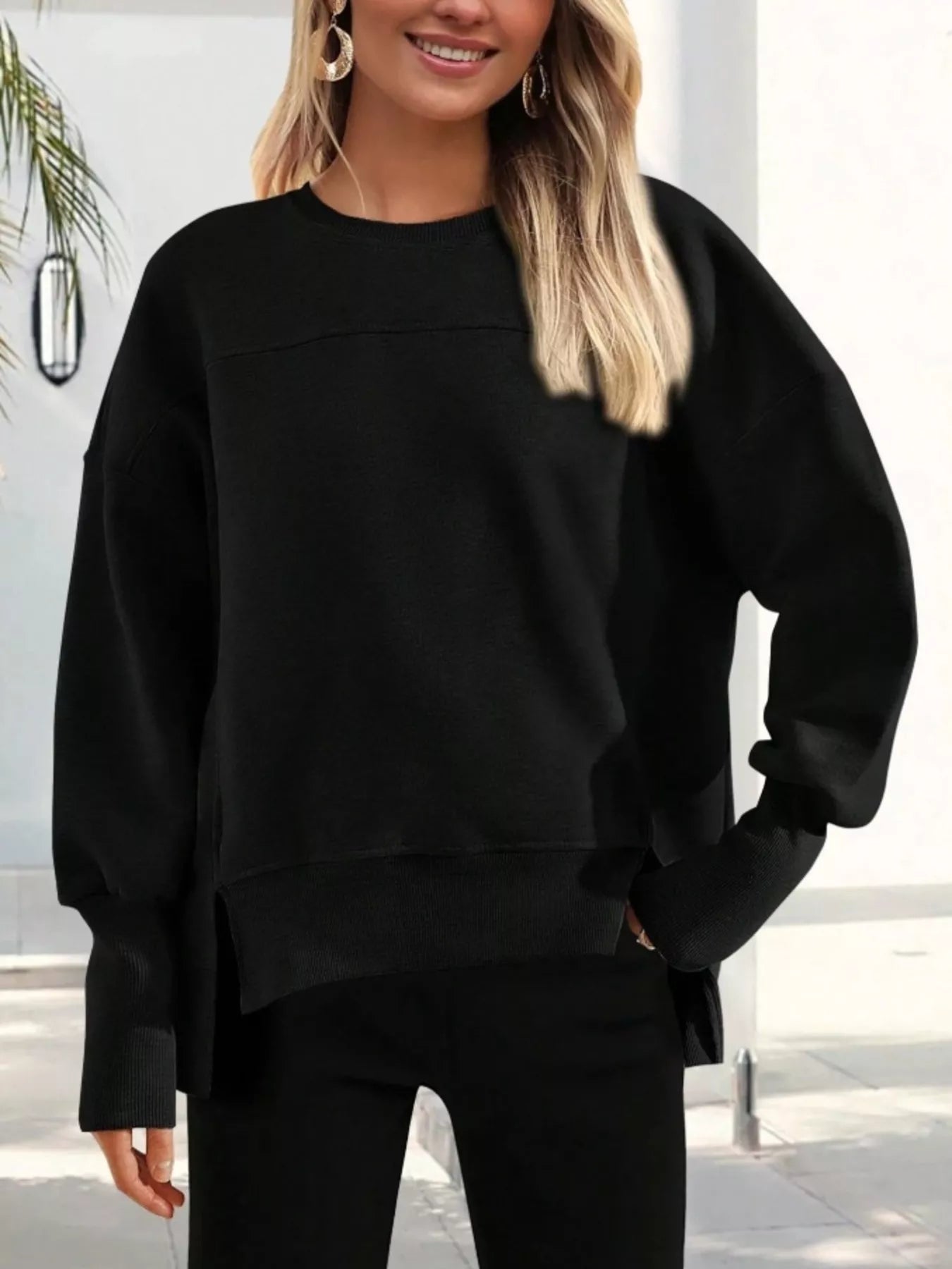Slit Round Neck Dropped Shoulder Sweatshirt | Sweatshirts Daverri Fashions