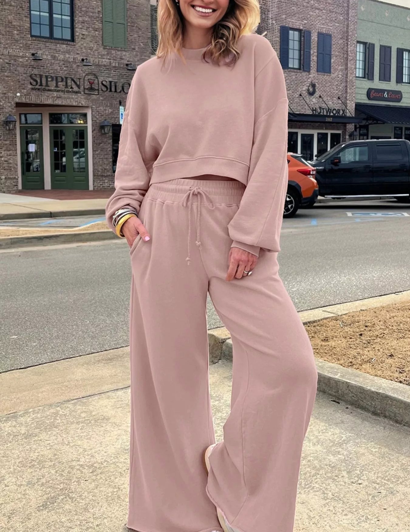 Drop Shoulder Puff Sleeve Crop Top and Drawstring Wide Leg Pants Set | Loungewear Sets Daverri Fashions