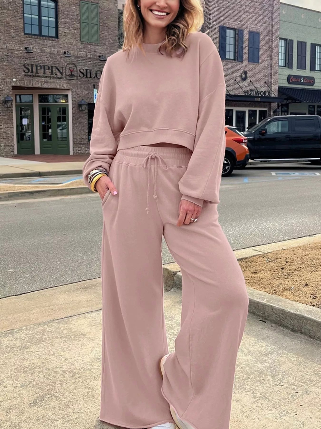 Drop Shoulder Puff Sleeve Crop Top and Drawstring Wide Leg Pants Set | Loungewear Sets Daverri Fashions