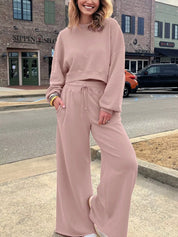 Drop Shoulder Puff Sleeve Crop Top and Drawstring Wide Leg Pants Set | Loungewear Sets Daverri Fashions